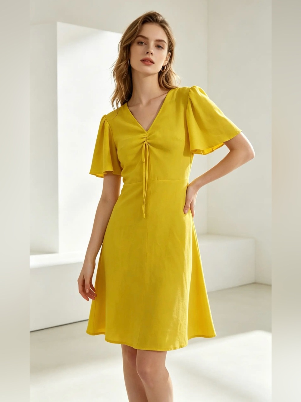 Atmosphere Yellow V-Neck Tie-Front Mini Dress